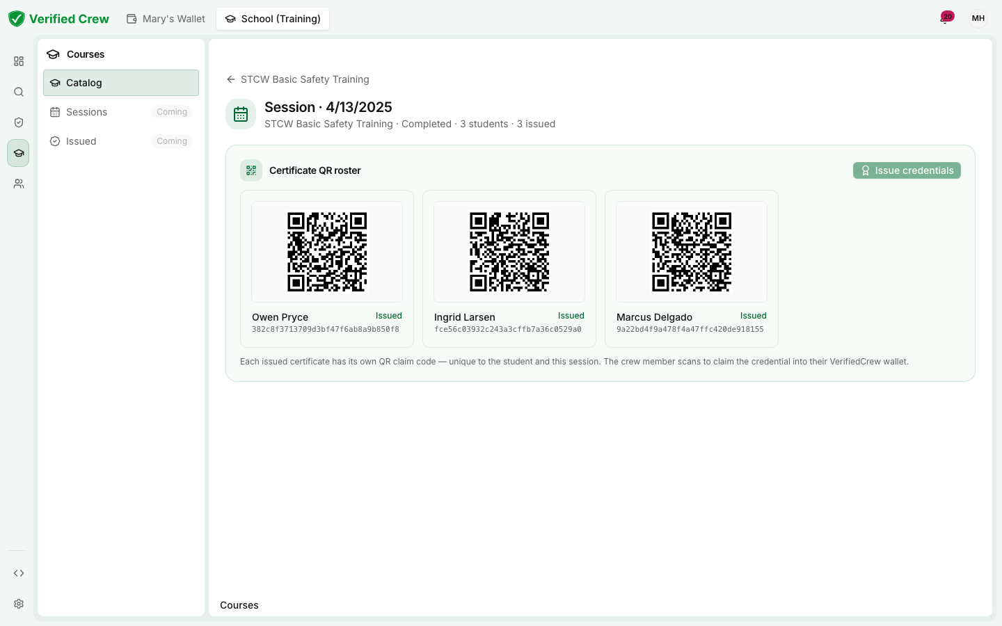 A completed STCW session roster issuing verified certificates to each student's wallet by QR claim code