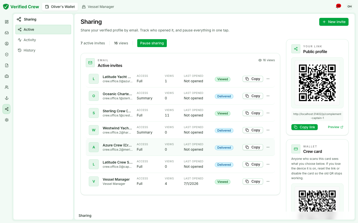 Sending crew a single verification link with per-recipient access controls