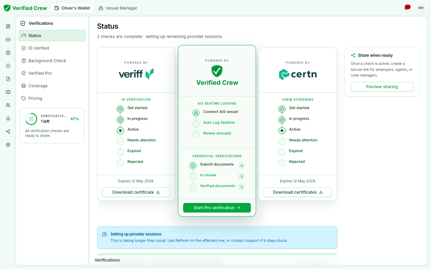 Verification record: every check run, with status and timestamp, exportable in one click