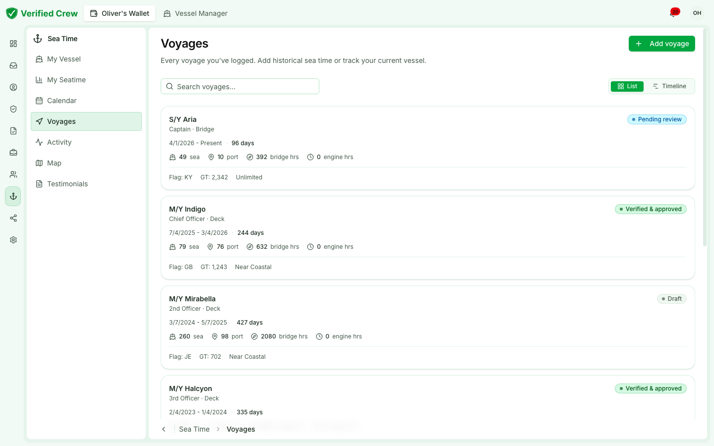 Sea time that logs itself: AIS-verified voyages, MCA categories calculated for you.
