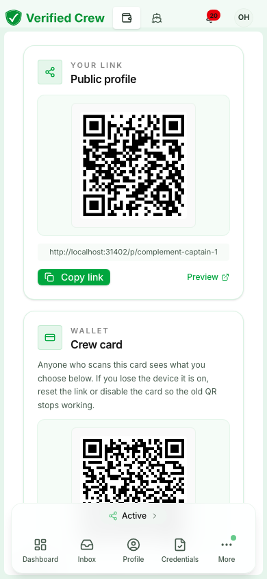 Share from your phone: One link or QR. You choose what the employer sees.
